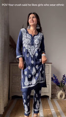 LUCKNOW CHIKANKARI EXCLUSIVE KURTI_PAIR PENT DESIGN (Dark Blue)