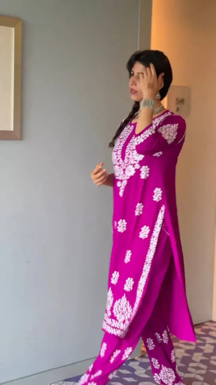 LUCKNOW CHIKANKARI EXCLUSIVE KURTI_PAIR PENT DESIGN (Dark Pink)