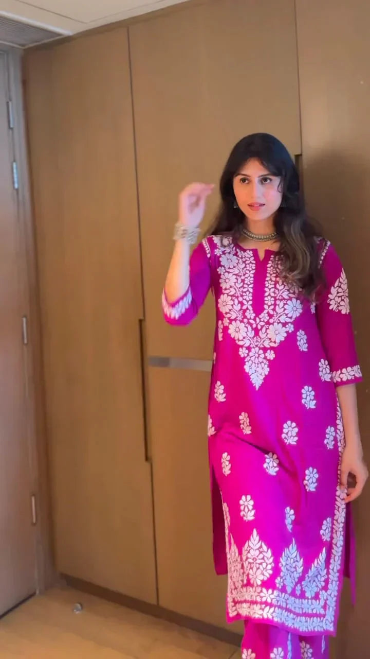 LUCKNOW CHIKANKARI EXCLUSIVE KURTI_PAIR PENT DESIGN (Dark Pink)