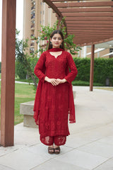Viscose Georgette Straight Kurta Set With 3D Work (Maroon)