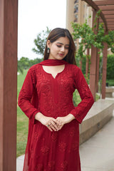 Viscose Georgette Straight Kurta Set With 3D Work (Maroon)