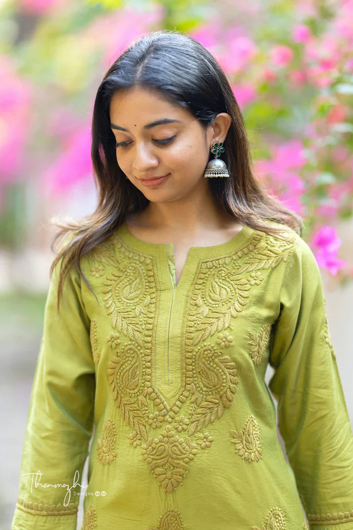 Olive Green Chikankari mul cotton Kurta Pent