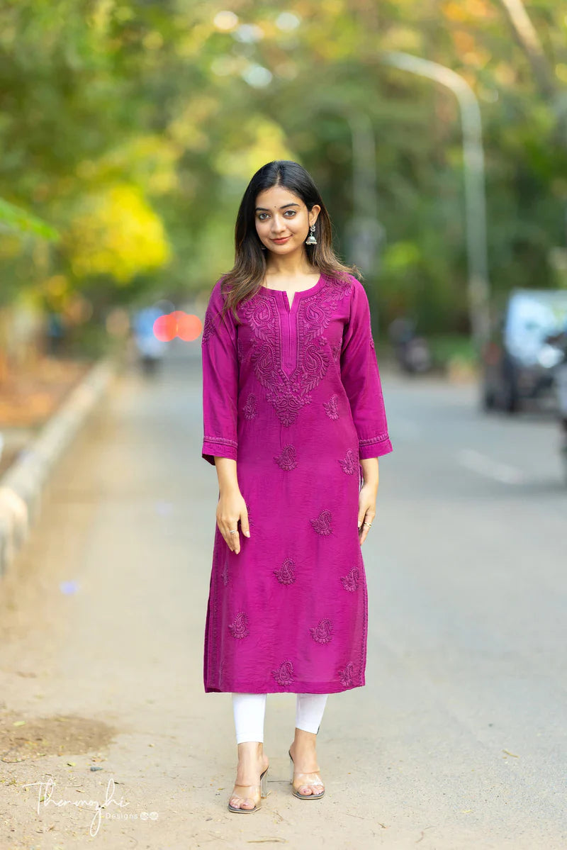Magenta Chikankari Chanderi Kurta Pent