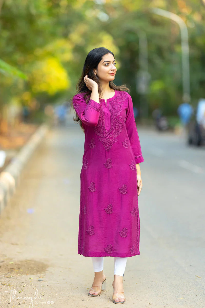 Magenta Chikankari Chanderi Kurta Pent