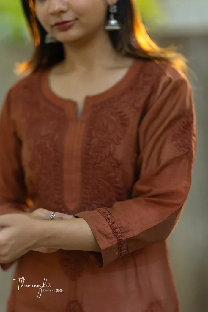 Brown Chikankari Chanderi Kurta Pent