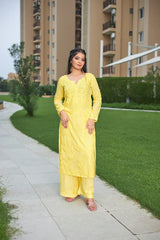 Lucknow Chikankari Handwork Embroidered Kurta Plazzo (Yellow)