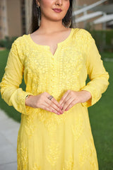 Lucknow Chikankari Handwork Embroidered Kurta Plazzo (Yellow)