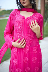 Viscose Georgette Straight Kurta Set With 3D Work (Hot PinK)