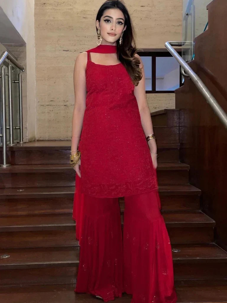 Strappy Viscose Georgette Chikankari Gharara Set9(Red)