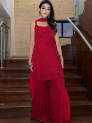 Strappy Viscose Georgette Chikankari Gharara Set9(Red)
