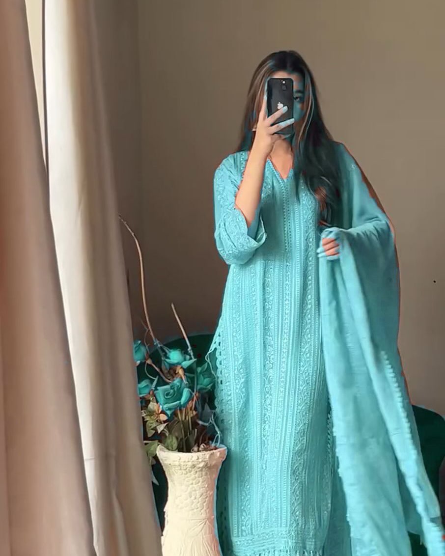 RUNNING WEAR TRENDING FAUX GEORGETTE TOP COTTON THREAD EMBROIDERED WORK AND WORK PLAZO WITH DUPATTA  (Sky Blue)