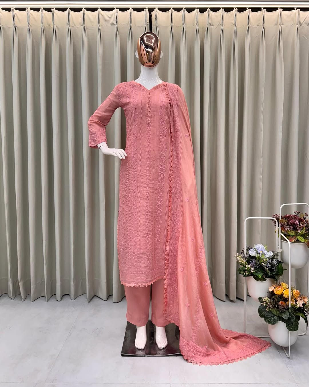 Peach Chikankari Kurta With Palazzo And Dupatta
