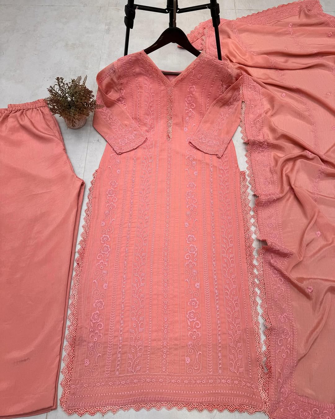 Peach Chikankari Kurta With Palazzo And Dupatta