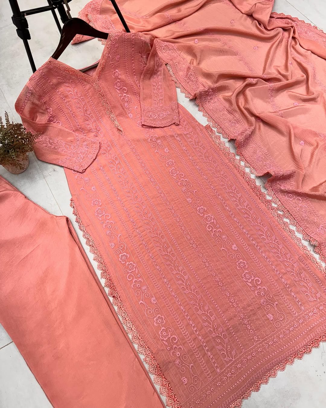Peach Chikankari Kurta With Palazzo And Dupatta
