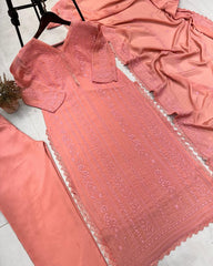 Peach Chikankari Kurta With Palazzo And Dupatta