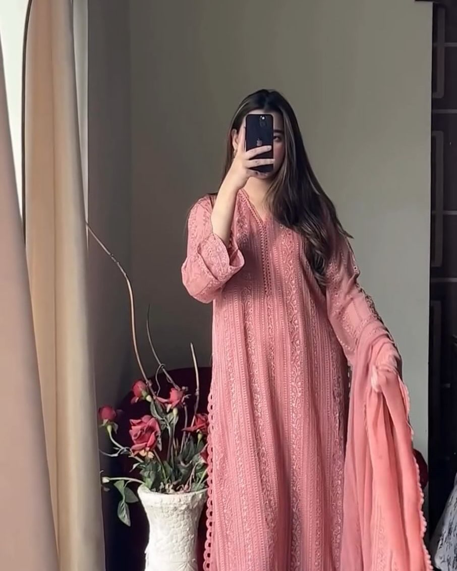 Peach Chikankari Kurta With Palazzo And Dupatta