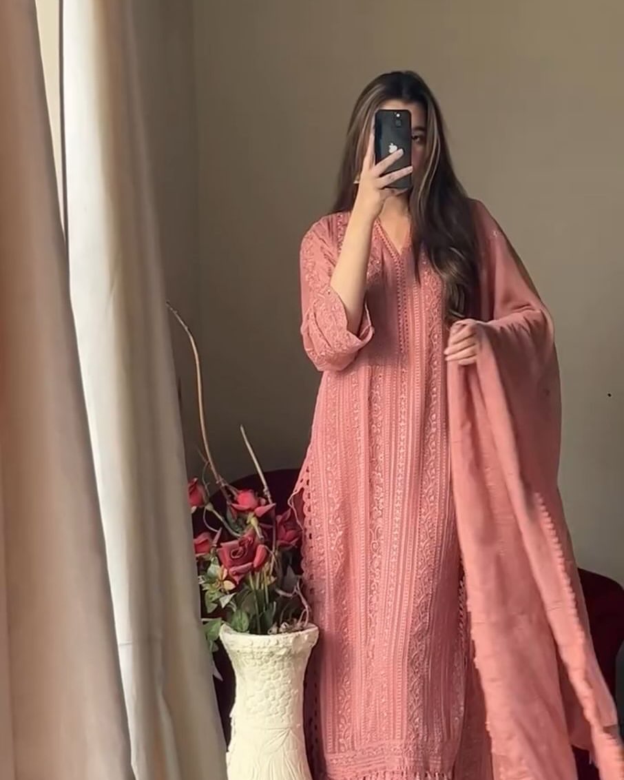 Peach Chikankari Kurta With Palazzo And Dupatta