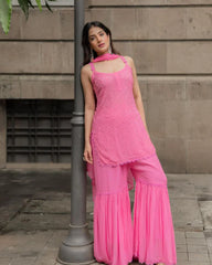 Strappy Viscose Georgette Chikankari Gharara Set (Rose PinK)