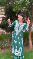 New LUCKNOW CHIKANKARI EXCLUSIVE KURTI_PENT PAIR DESIGN (Dark Green)