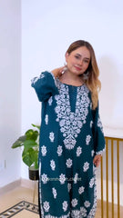 LUCKNOW CHIKANKARI EXCLUSIVE KURTI_PAIR PENT DESIGN (Zinc green)