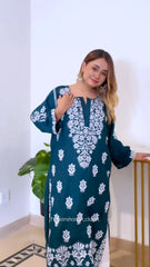 LUCKNOW CHIKANKARI EXCLUSIVE KURTI_PAIR PENT DESIGN (Zinc green)