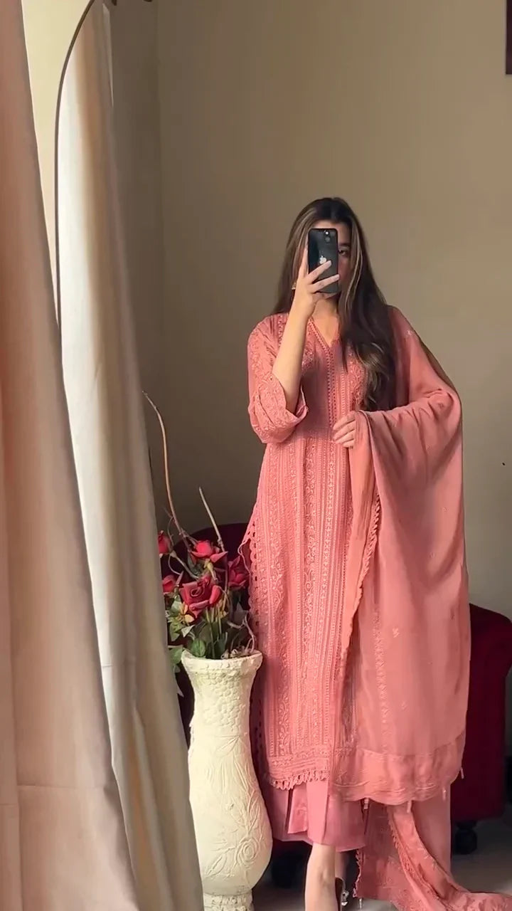 Peach Chikankari Kurta With Palazzo And Dupatta