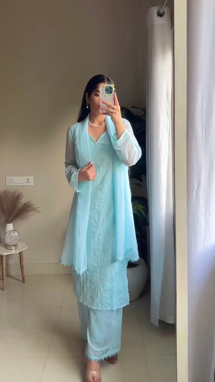 New Viscose Georgette Chikankari Kurta With Palazzo And Dupatta ((Sky Blue))