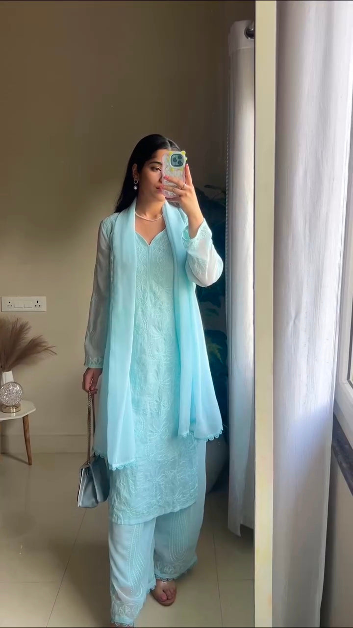 New Viscose Georgette Chikankari Kurta With Palazzo And Dupatta ((Sky Blue))