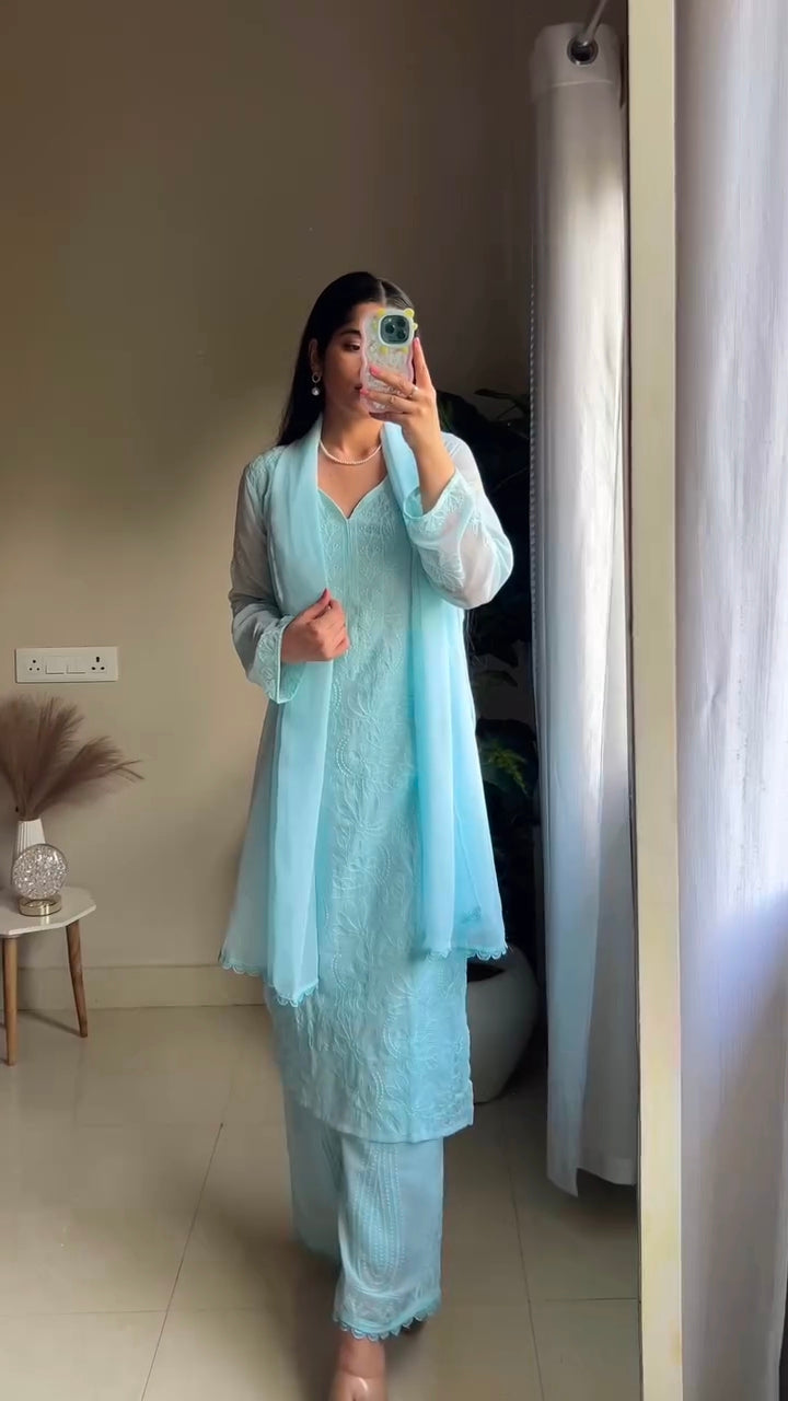New Viscose Georgette Chikankari Kurta With Palazzo And Dupatta ((Sky Blue))
