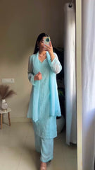 New Viscose Georgette Chikankari Kurta With Palazzo And Dupatta ((Sky Blue))