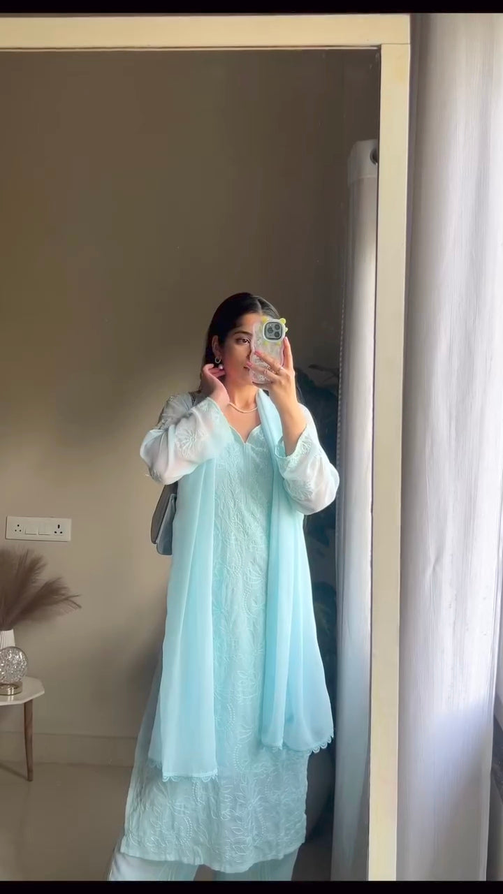 New Viscose Georgette Chikankari Kurta With Palazzo And Dupatta ((Sky Blue))