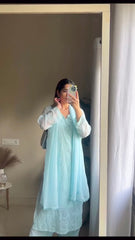 New Viscose Georgette Chikankari Kurta With Palazzo And Dupatta ((Sky Blue))