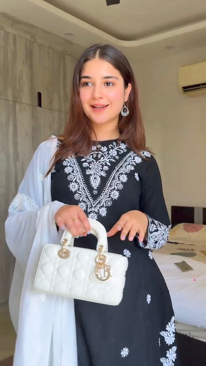 Black pure chiffon dupatta with Mukesh work