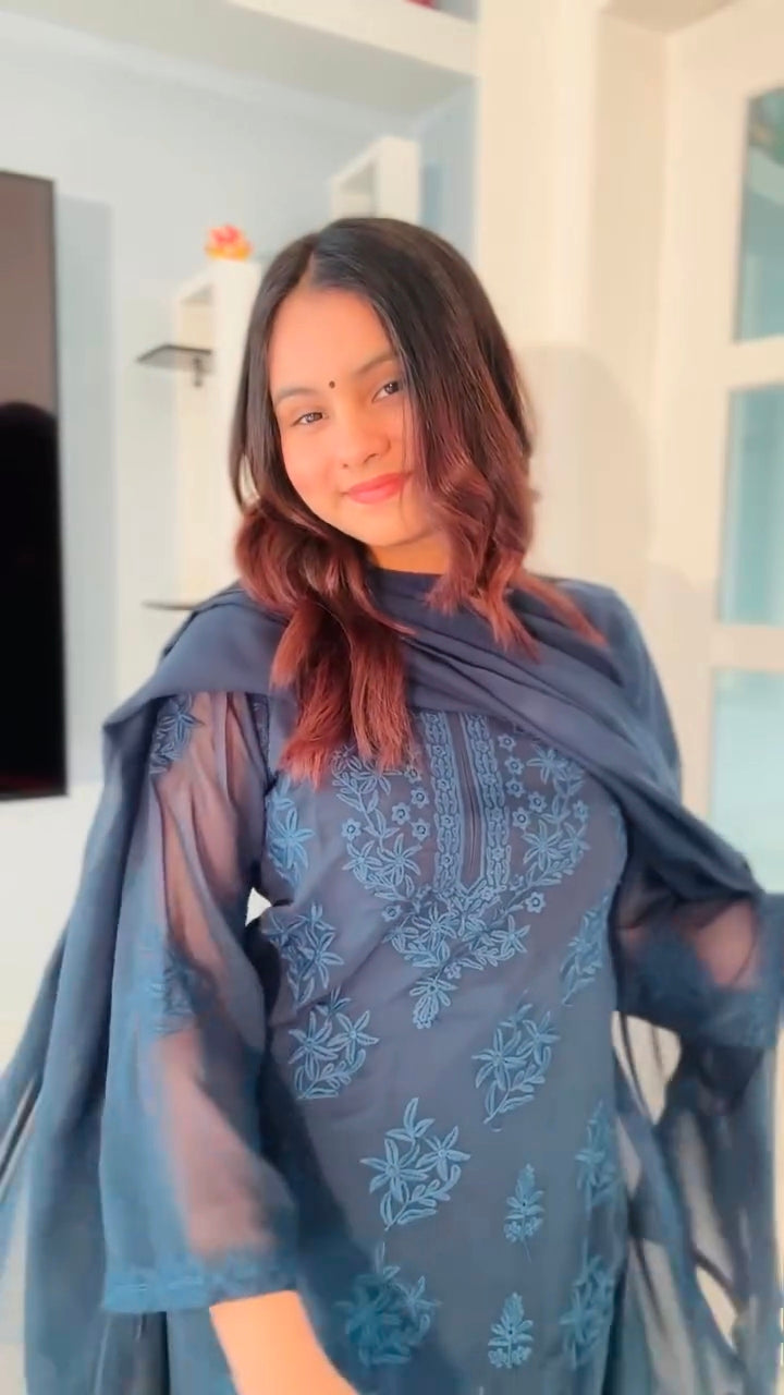 Chikankari Kurta With Palazzo And Dupatta