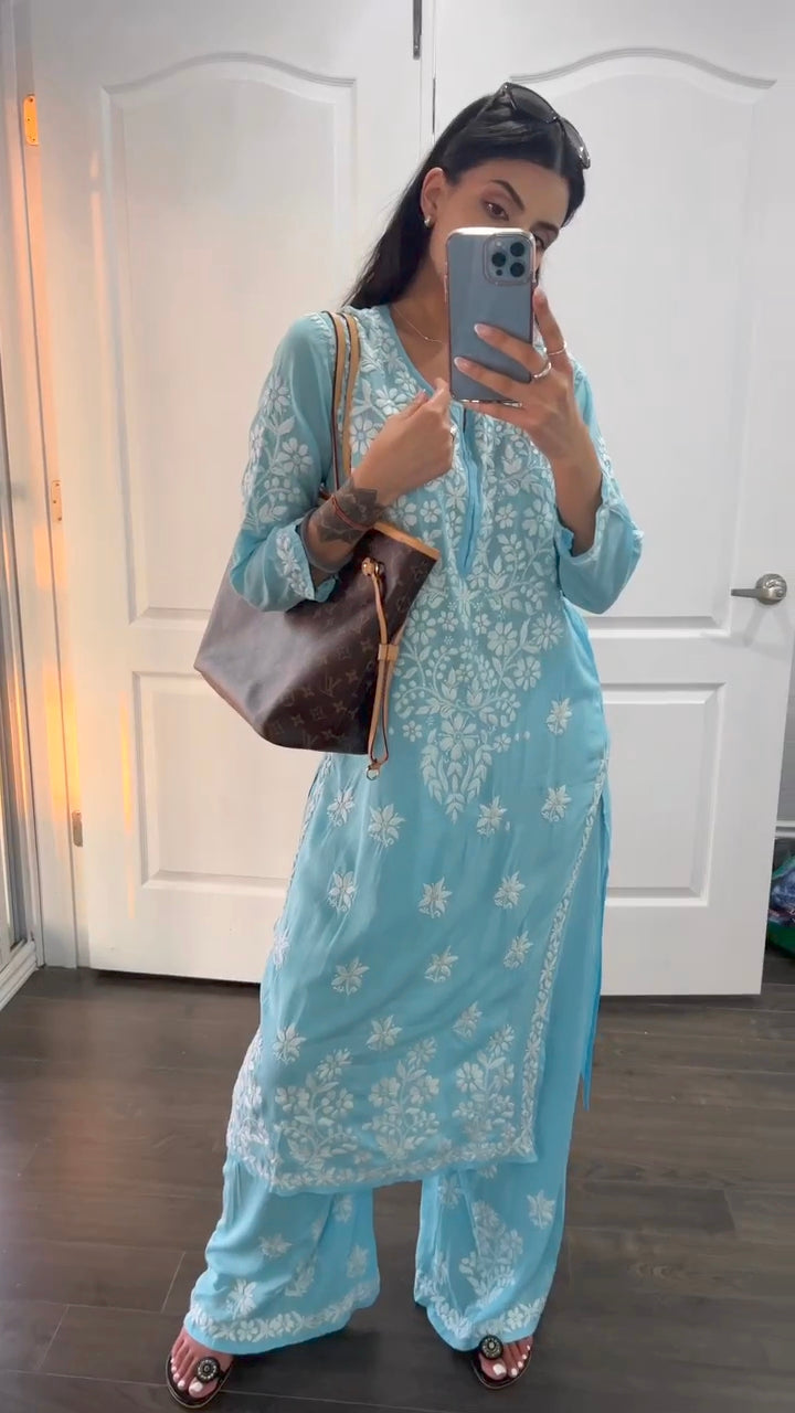 Chikankari Exclusive Kurti_Pent Pair Design(blue)