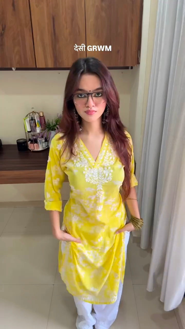 Mul Cotton Chikankari Long Kurta in Yellow
