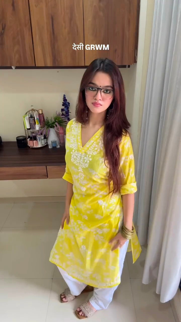 Mul Cotton Chikankari Long Kurta in Yellow