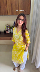 Mul Cotton Chikankari Long Kurta in Yellow
