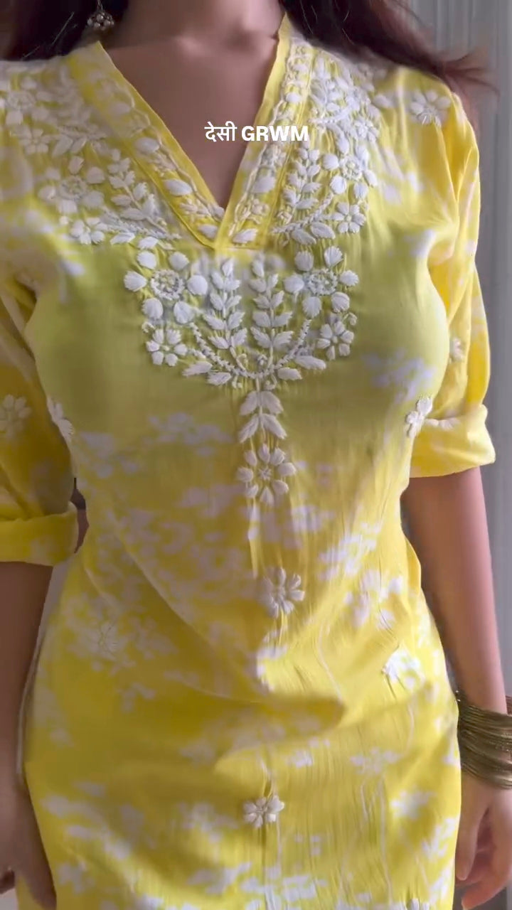 Mul Cotton Chikankari Long Kurta in Yellow