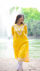 Cotton Chikankari Long Kurta Yellow