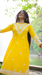 Cotton Chikankari Long Kurta Yellow