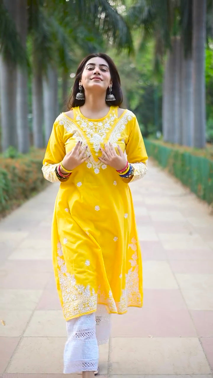 Cotton Chikankari Long Kurta Yellow