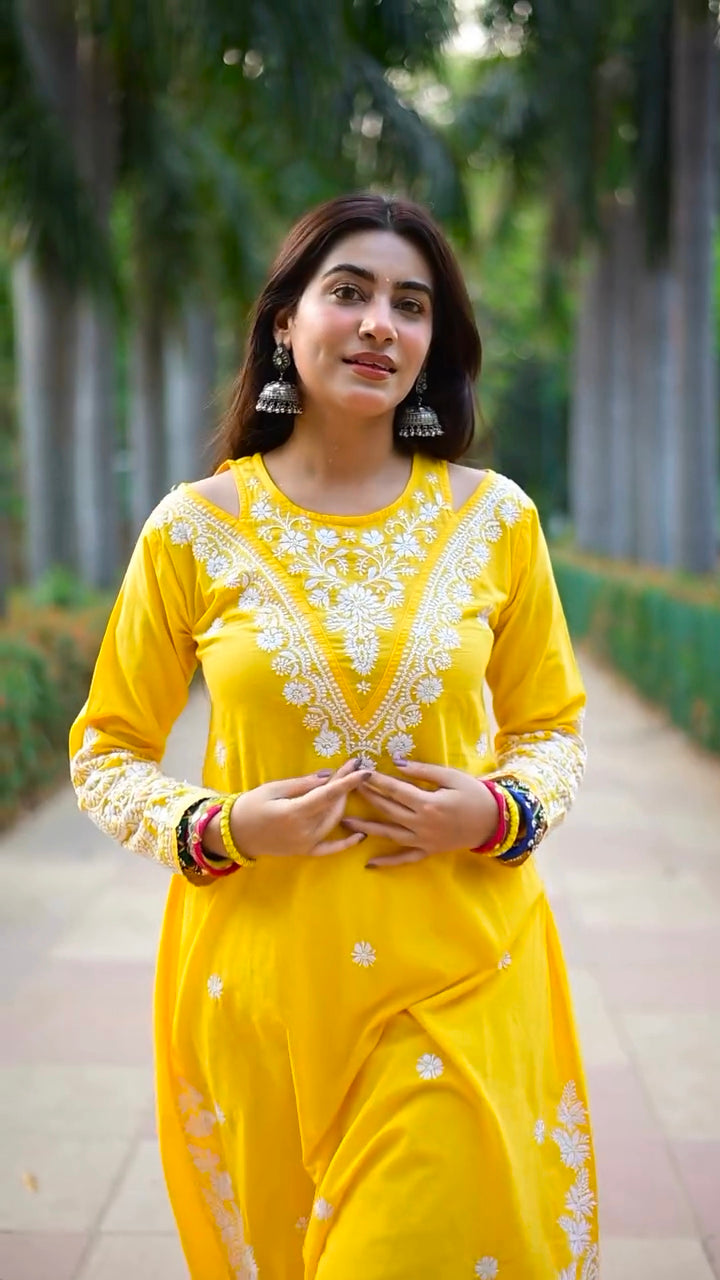 Cotton Chikankari Long Kurta Yellow