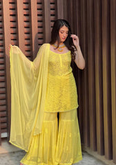 Strappy Viscose Georgette Chikankari Gharara Set(Yellow)