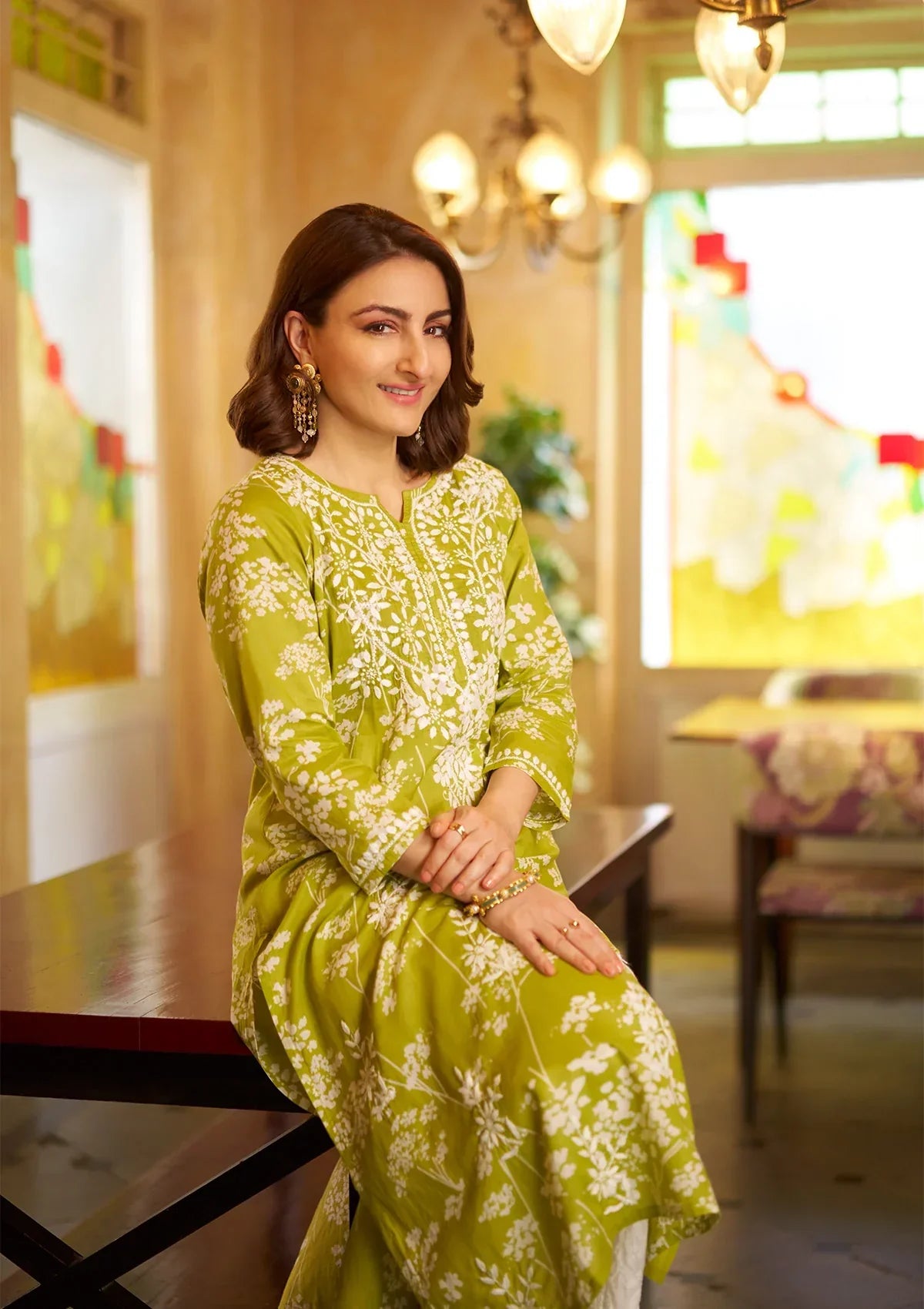 Zainab Chikankari Mulmul Printed Straight Kurta -Green