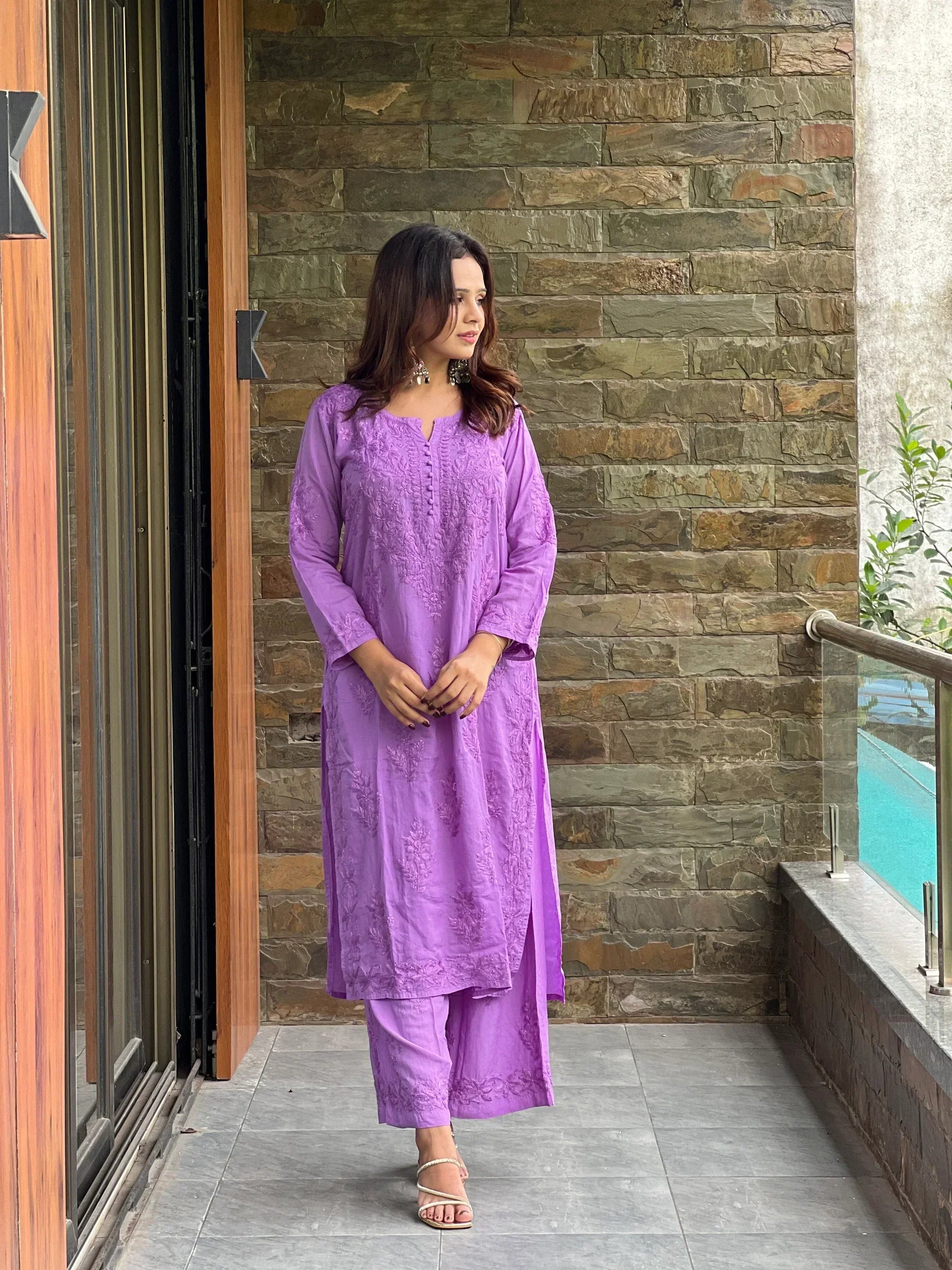 Lucknow Chikankari Handwork Embroidered Kurta Plazzo (Purple)