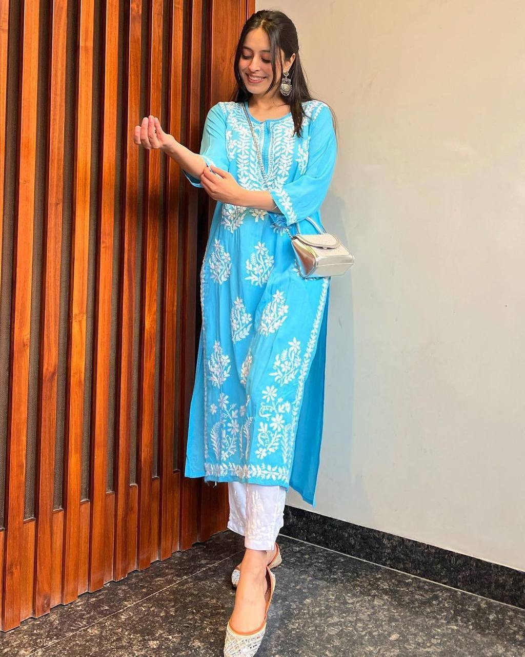 WOMEN CHIKAN EMBROIDERY Kurti_Pent Pair Design (Sky Blue)