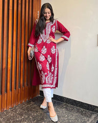 WOMEN CHIKAN EMBROIDERY Kurti_Pent Pair Design (MAROON)
