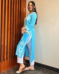 WOMEN CHIKAN EMBROIDERY Kurti_Pent Pair Design (Sky Blue)