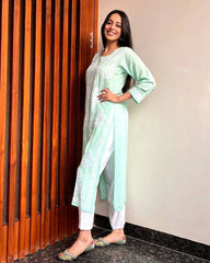 WOMEN CHIKAN EMBROIDERY Kurti_Pent Pair Design (Pista)
